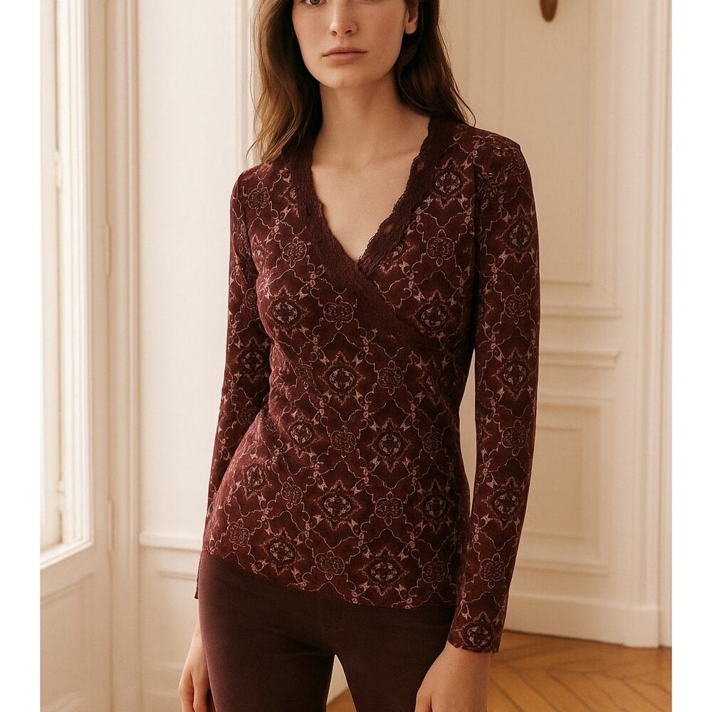 Vintage New York & Co. Maroon Geometric Floral Mesh Knit Babydoll Top Small - Picture 9 of 11
